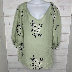 Anthropologie Kindred Womens Top Mint Green‎ Floral Embroidered  Size 2X V-Neck